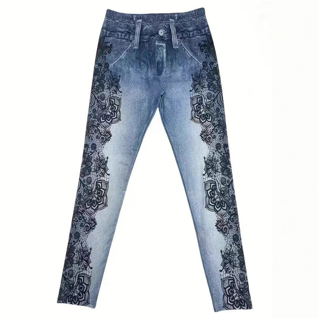 Blaues Skinny-Pantalon mit Print