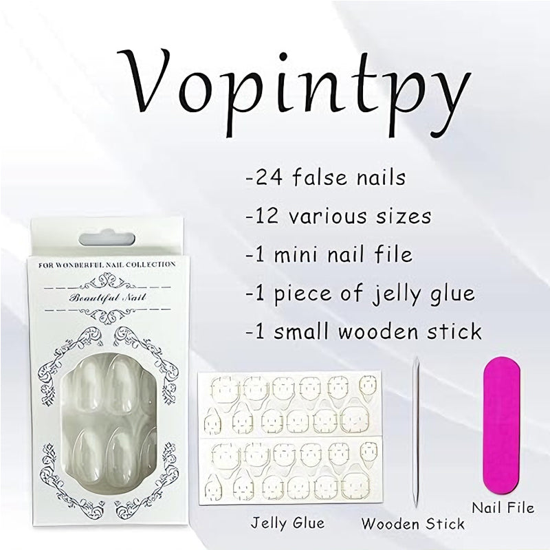 Aurora White Fake Nails – Lange Wasserrohr-Form – Ansicht 4