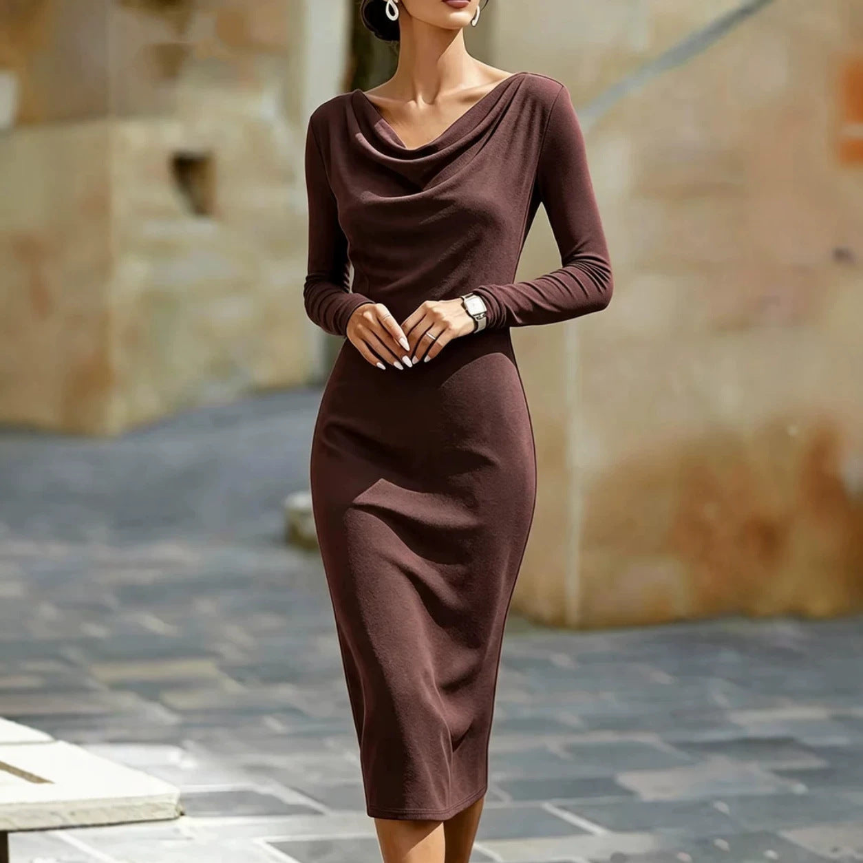 Bootsauschnitt Figurbetonendes Midi-Kleid mit Langarm