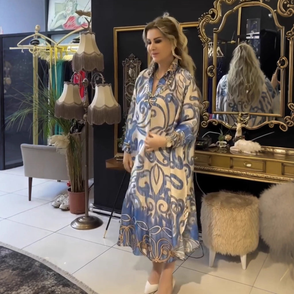 Röckelanges Rüschelkleid mit geometrischem Print – Bild 7 | LuxeStyle