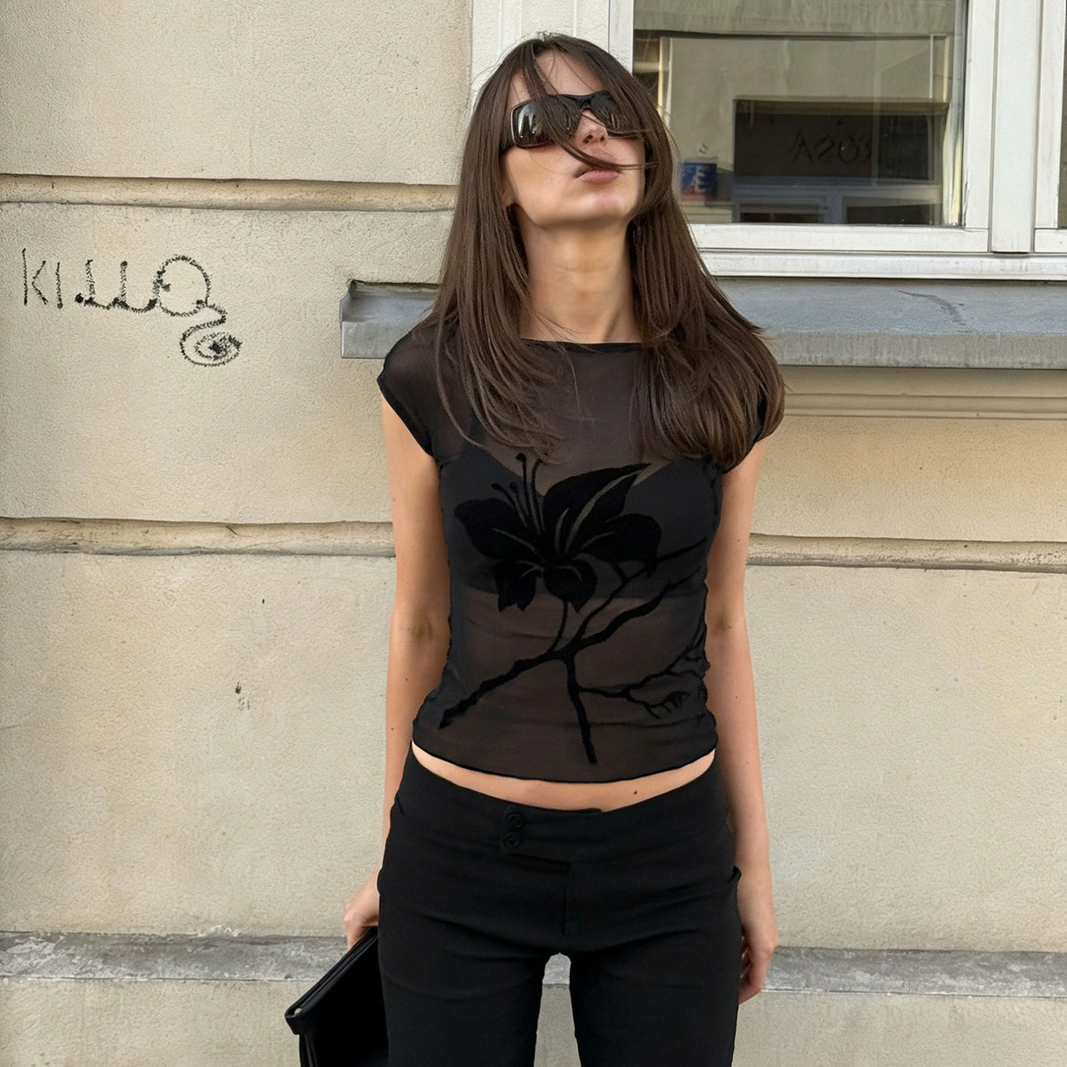Mesh-Top mit Flockprint und kurzen Ärmeln – Bild 6 | LuxeStyle