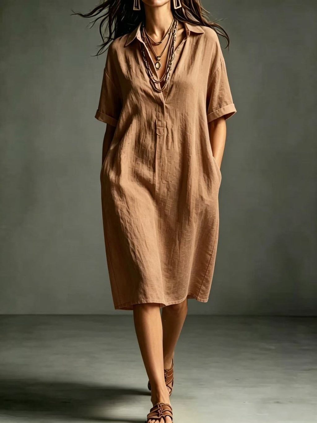 Ärmelloses V-Neck Kleid mit Taschen