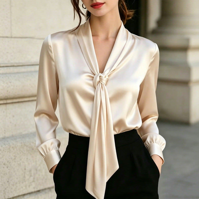 Satin V-Ausschnitt Langarm-Shirt mit Knoten