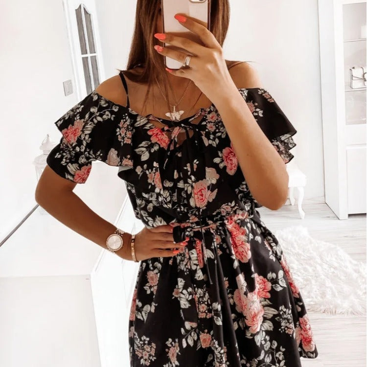 Blumenmuster Taille betonendes Kleid