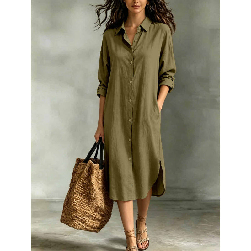 Leinen-Baumwoll Hemdblusenkleid mit Taschen – Bild 8 | LuxeStyle