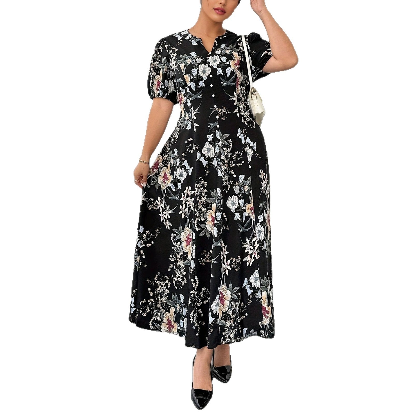 Elegantes V-Ausschnitt Midi-Kleid mit Print