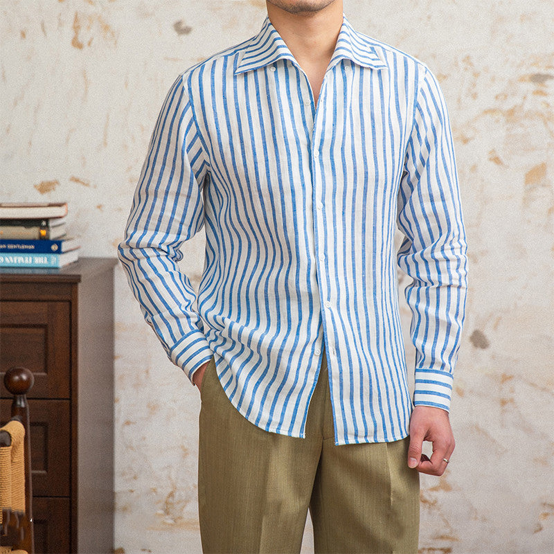 Linen-Stripes langärmeliges Shirt mit Kragen – Bild 3 | LuxeStyle