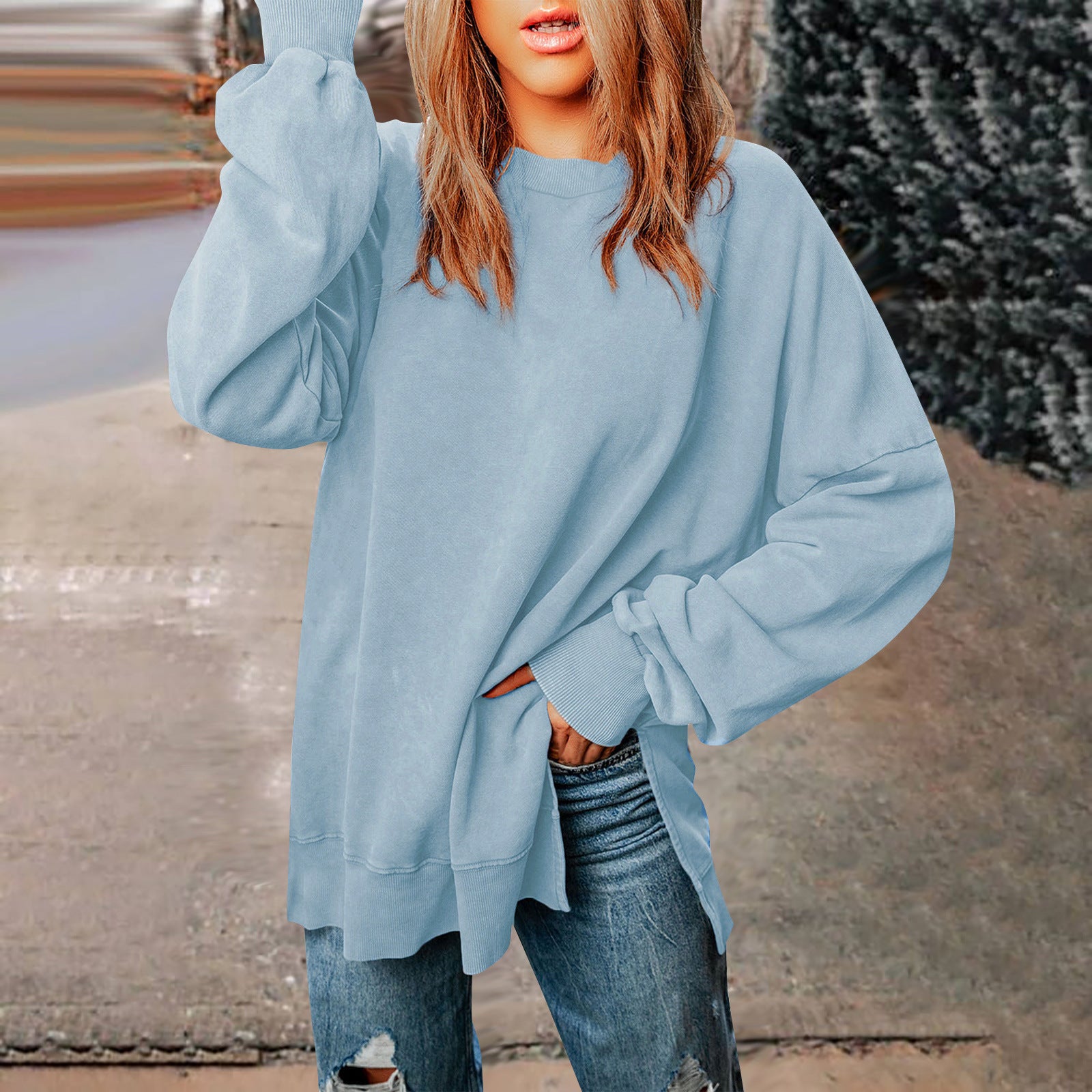 Unifarbener Pullover mit Rundhalsausschnitt