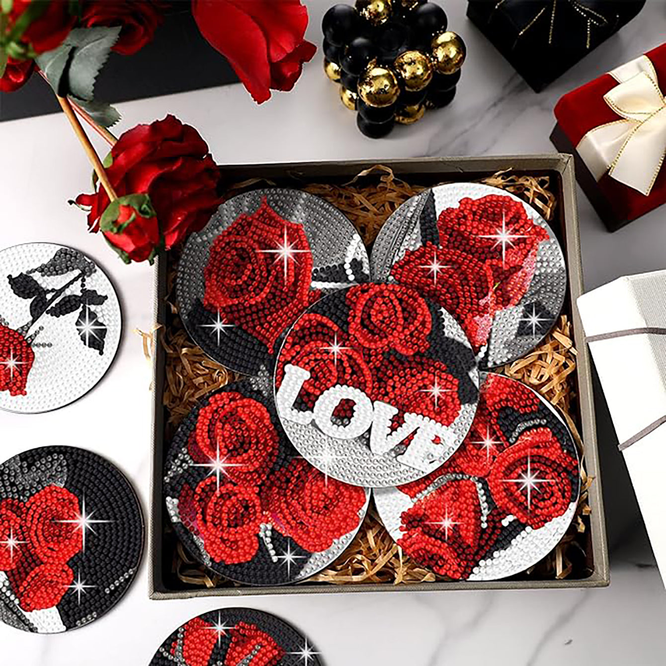 Diamantmalerei Untersetzer DIY Rose Muster für Erwachsene & Einsteiger