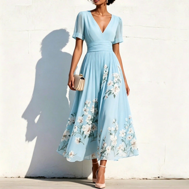 Lange Blumen-Kleid mit V-Hals