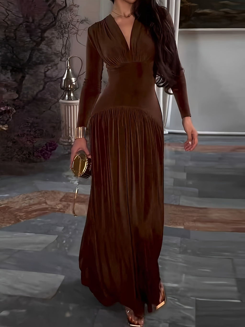 Elegantes V-Neck Plissee-Kleid für Herbst/Winter