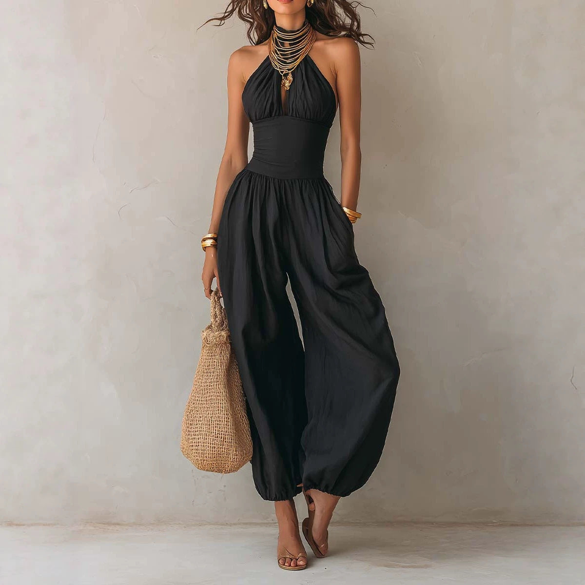 Boho Neckholder Jumpsuit mit weitem Bein