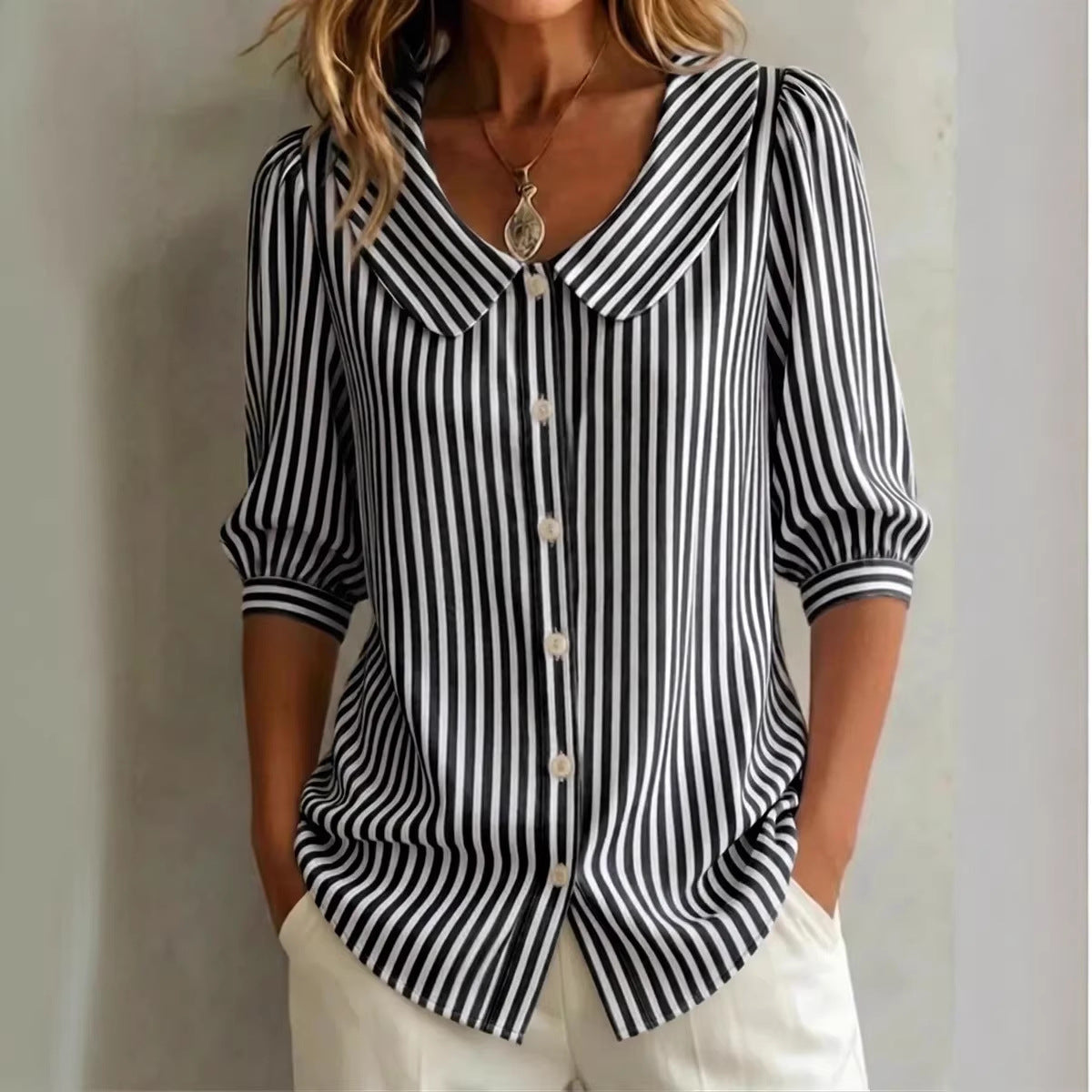 Gestreifte V-Neck Bluse mit 3/4-Ärmeln