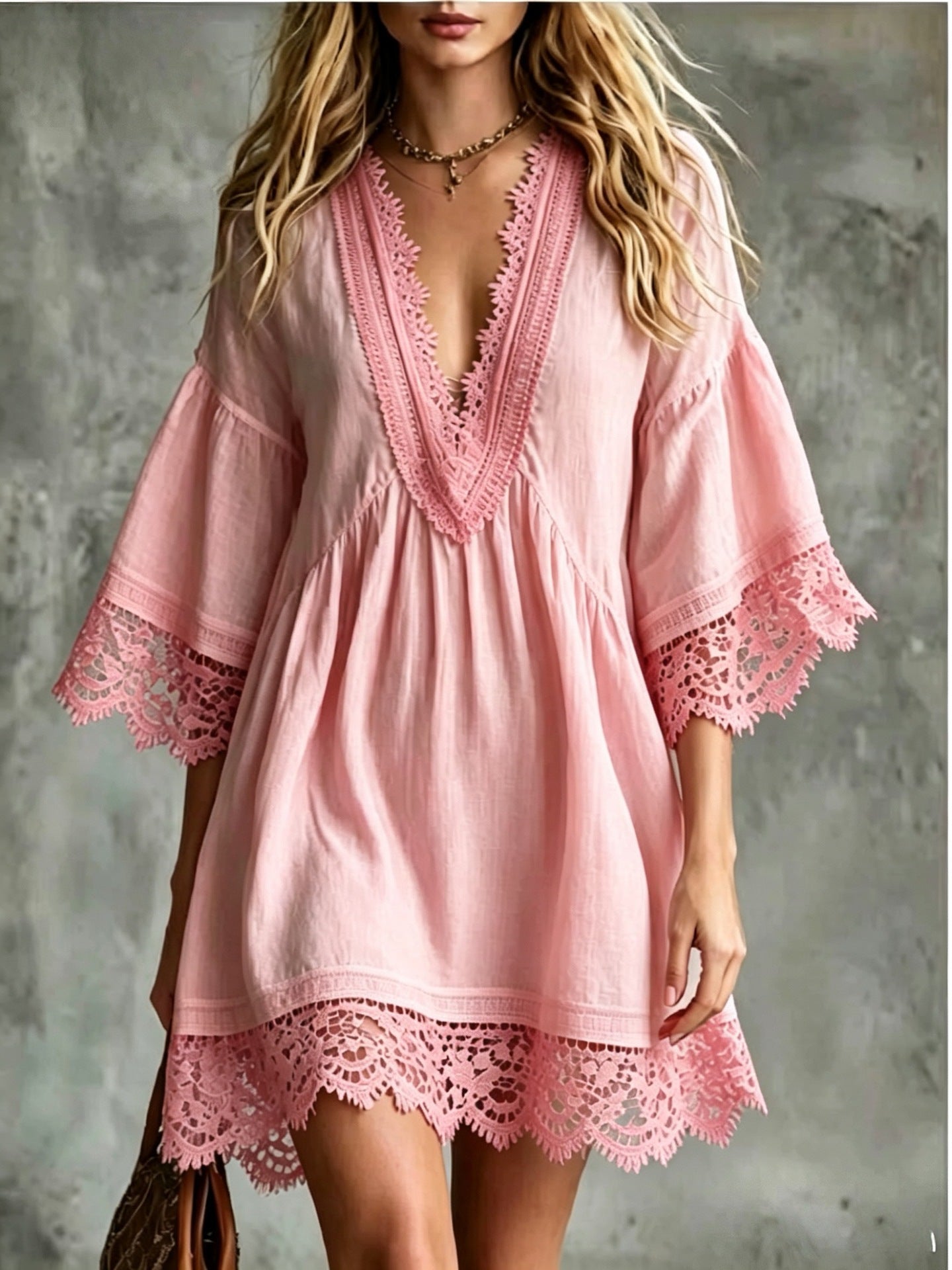 Elegantes Midi-Kleid mit V-Ausschnitt & Spitze