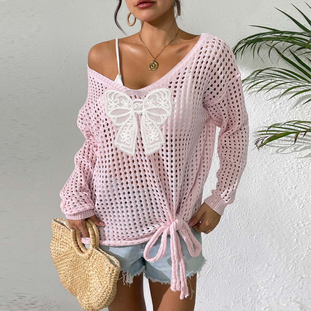 Lässiger Strickpullover mit Schmetterlings-Patchwork – Ansicht 6