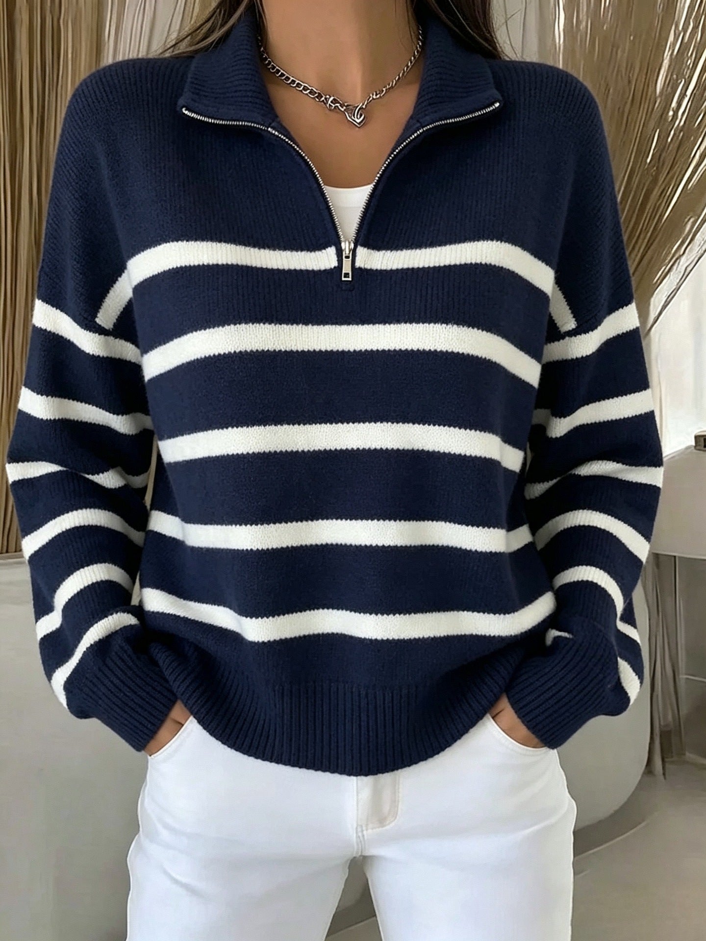 Color-Block Pullover mit Kettenmuster
