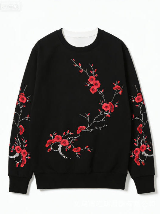 Schwarzes Sweatshirt mit rotem Pflaumenmuster