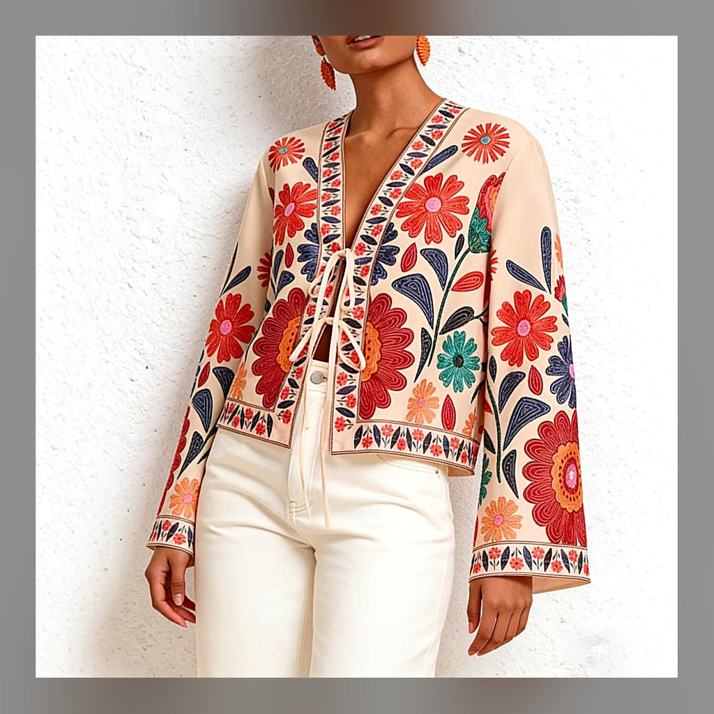 LuxeStyle-Edit · Boho-Jacke «Fiore» · Blüten-Stickerei, Bindeband