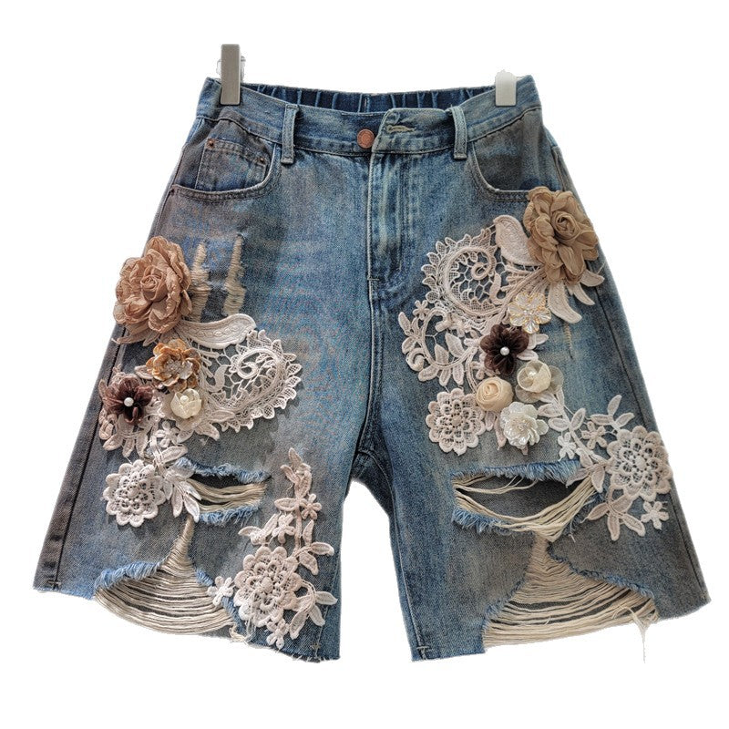 Denim-Shorts mit Spitze, Strass und Patches – Ansicht 2
