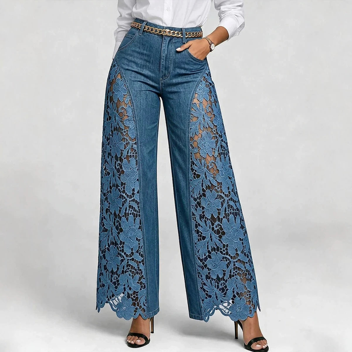 Hochtaillierte Weitbeine Damen Jeans mit Spitzenpaneelen