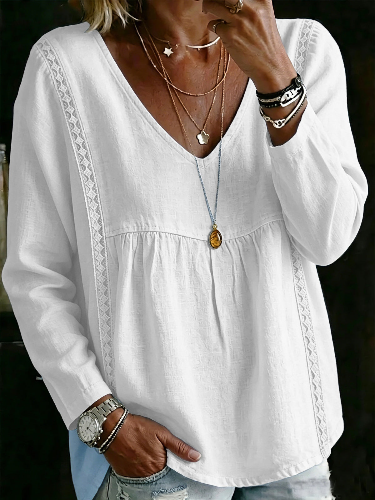 Pullover mit V-Ausschnitt und Spitze – Bild 1 | LuxeStyle
