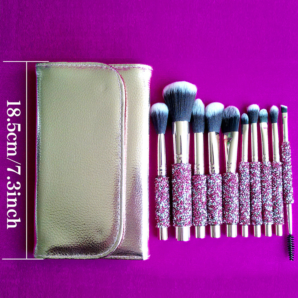 10-in-1 Diamant-Make-up-Pinselset mit Tasche