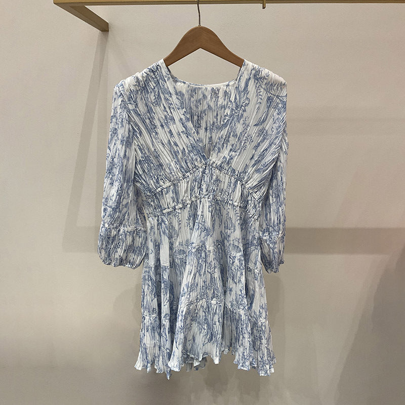 Bedrucktes V-Ausschnitt Kleid mit Puffärmeln | LuxeStyle