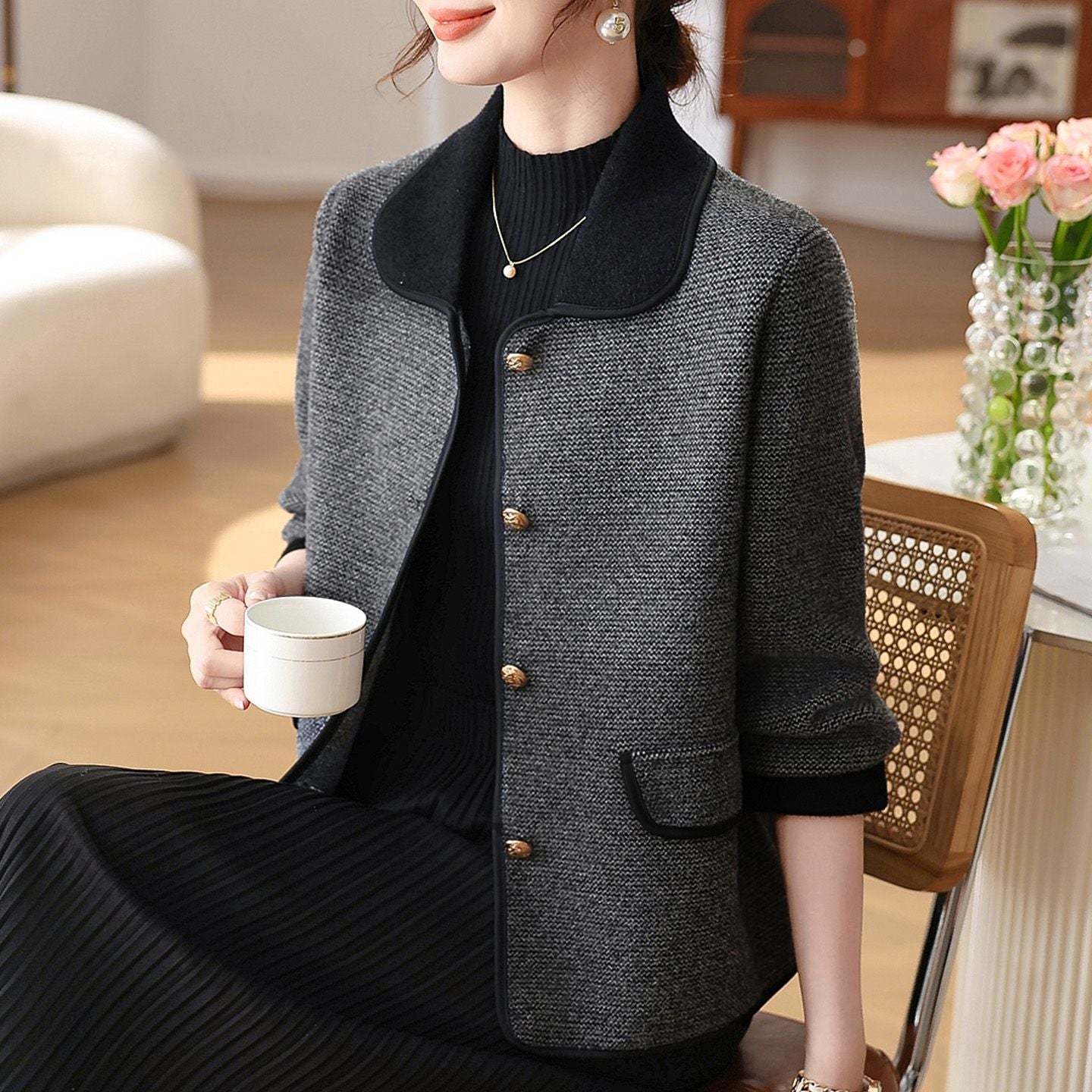 Polo-Strickpullover mit Denim-Einsatz