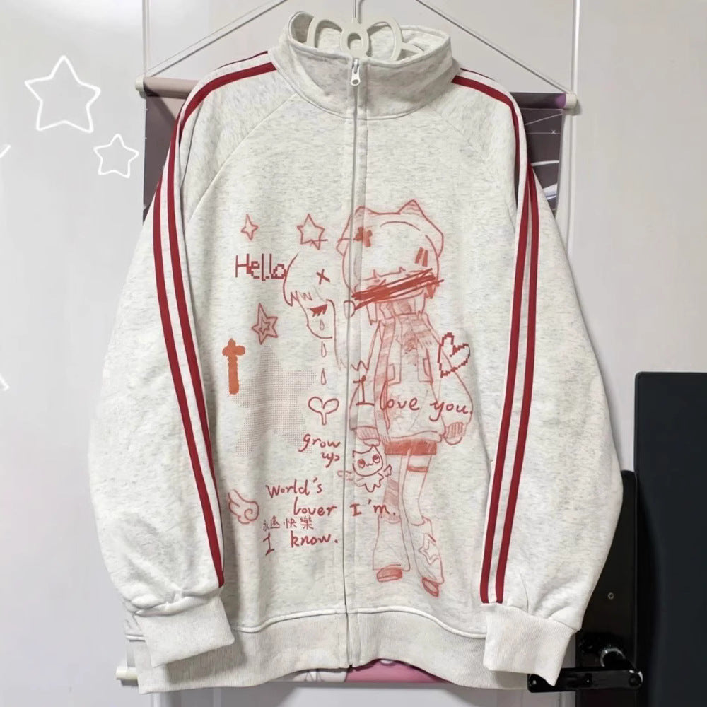 Gestreifter Anime-Print Hoodie mit Reissverschluss