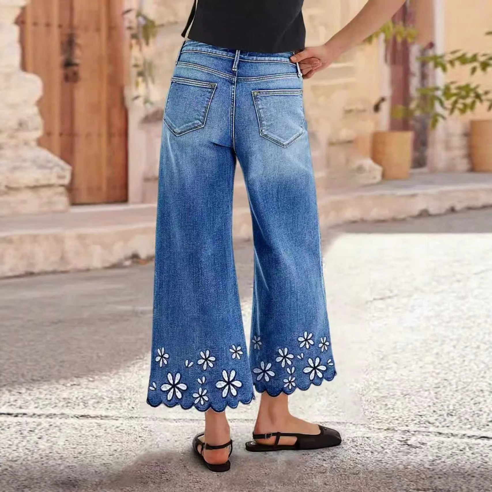 Chrysanthemen-Steppung Casual Stretch Damen Crop-Jeans
