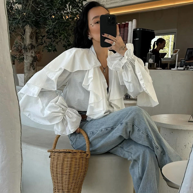 V-Ausschnitt Langarmshirt mit Rüschen – Bild 3 | LuxeStyle