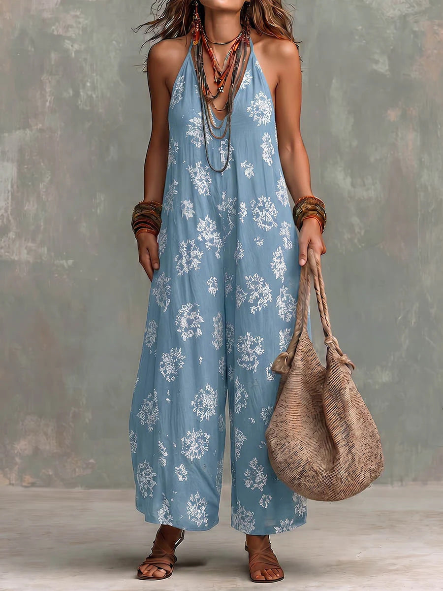 Ärmelloser Jumpsuit mit V-Ausschnitt und Print