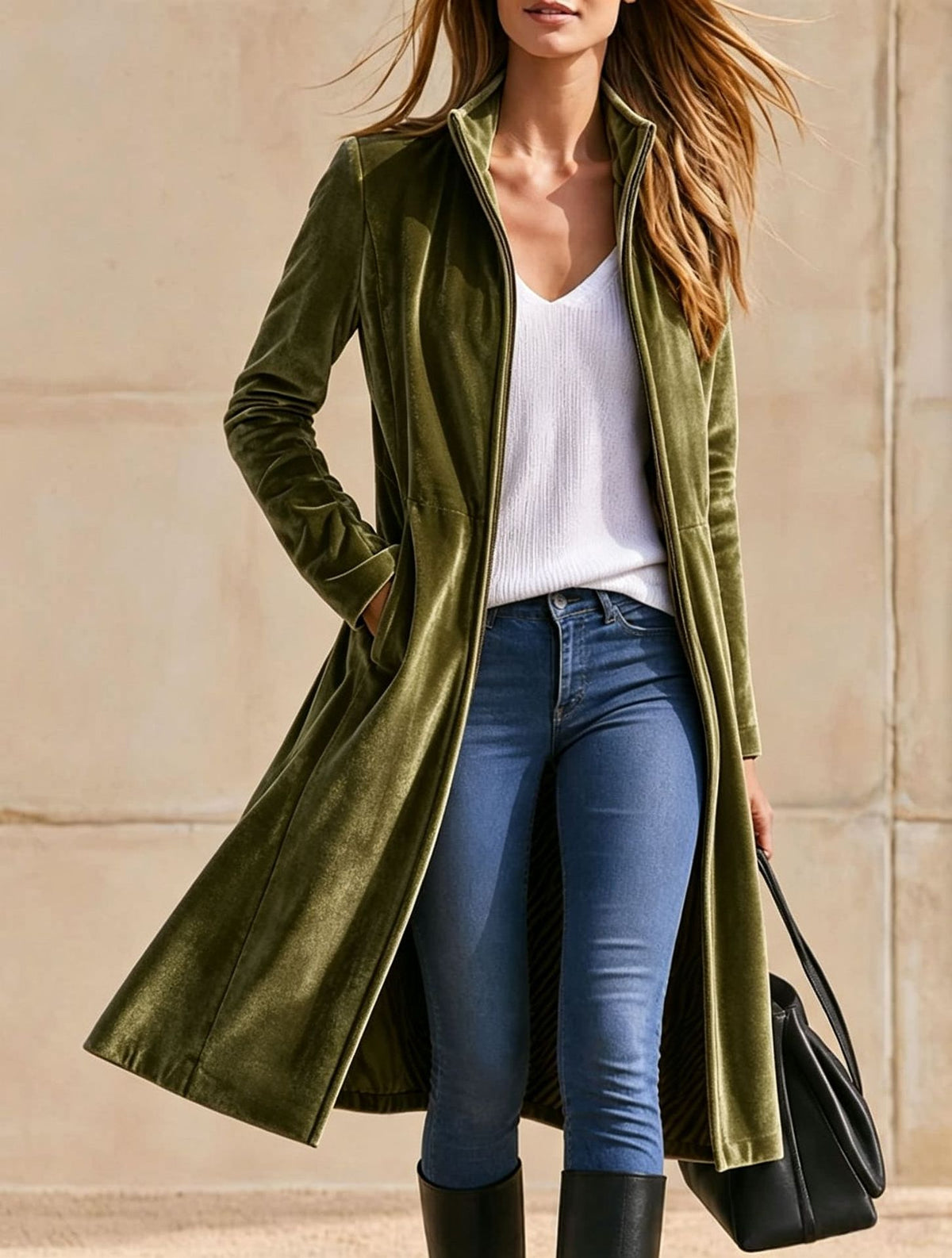 Stehkragen-Mantel über Knie, lang, Reissverschluss – Bild 11 | LuxeStyle