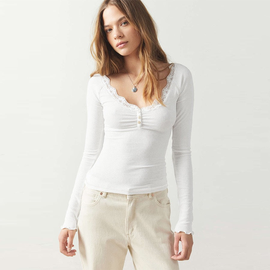 Color-Block Langarmshirt mit Spitze