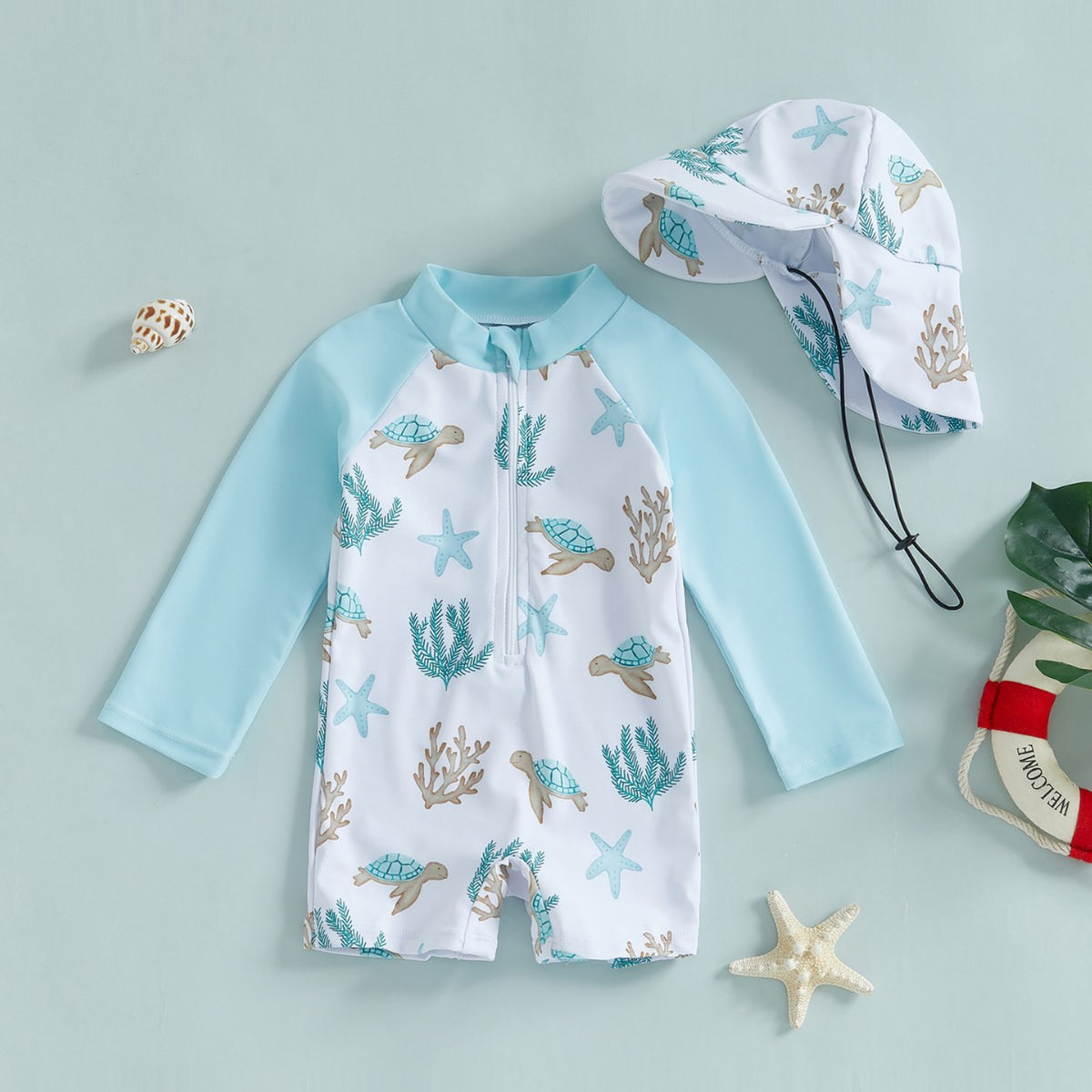 Kinder Badeanzug mit langen Ärmeln – Weiss-Blau, Dinosauriergrün – Bild 5 | LuxeStyle
