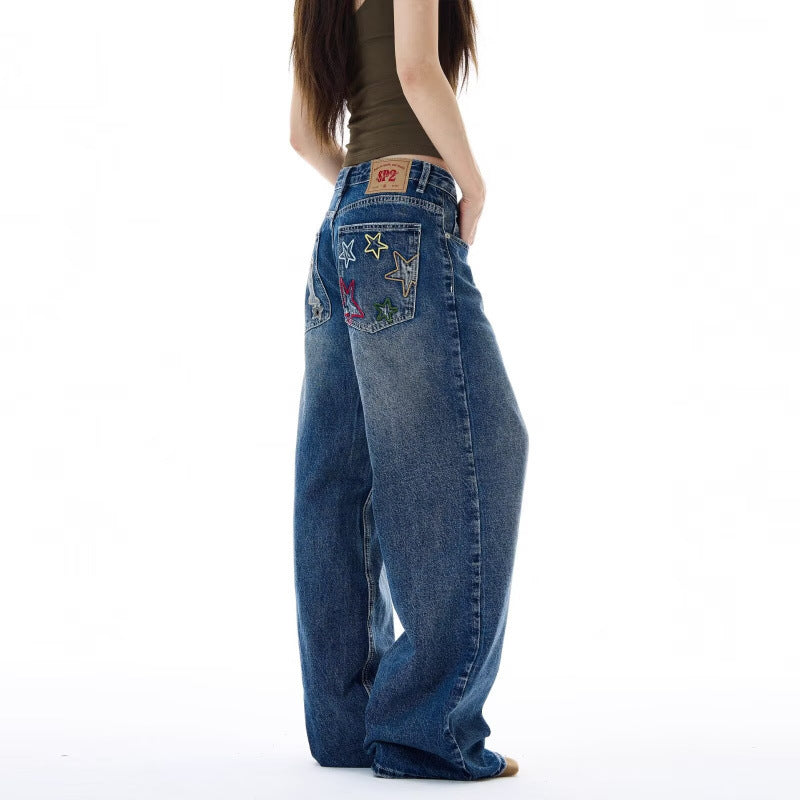 Jeans mit hoher Taille, lockere Passform und Vintage-Stickerei