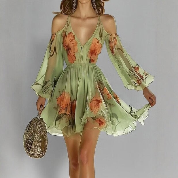 Off-Shoulder Chiffonkleid mit Blumenprint