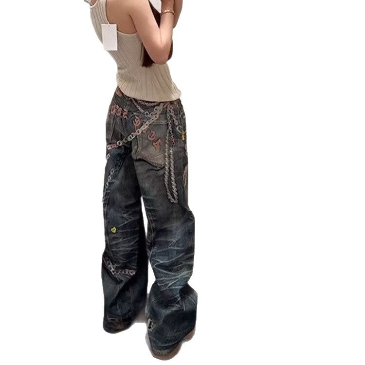 Jeans mit Print und Kettendetail, bodenlang