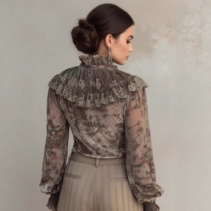 Vintage Ombre Langarmbluse mit Rüschen
