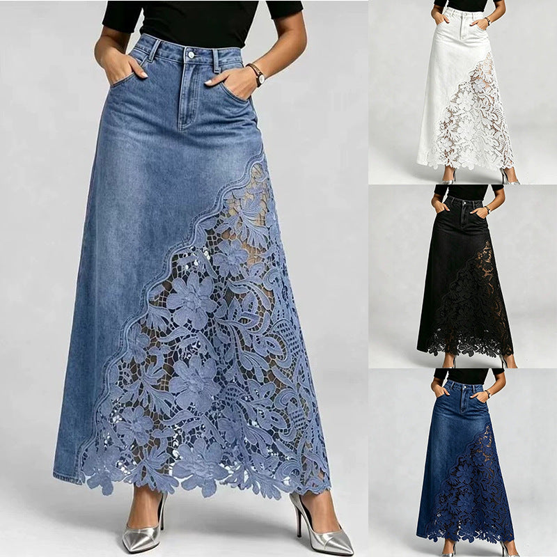 Langer Bodycon-Jeansrock mit Spitze – Ansicht 3