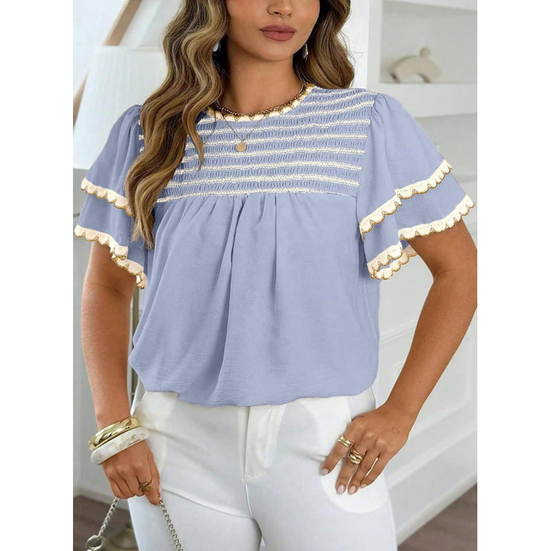 Damen Bluse mit Rundhals und Rüschenärmeln