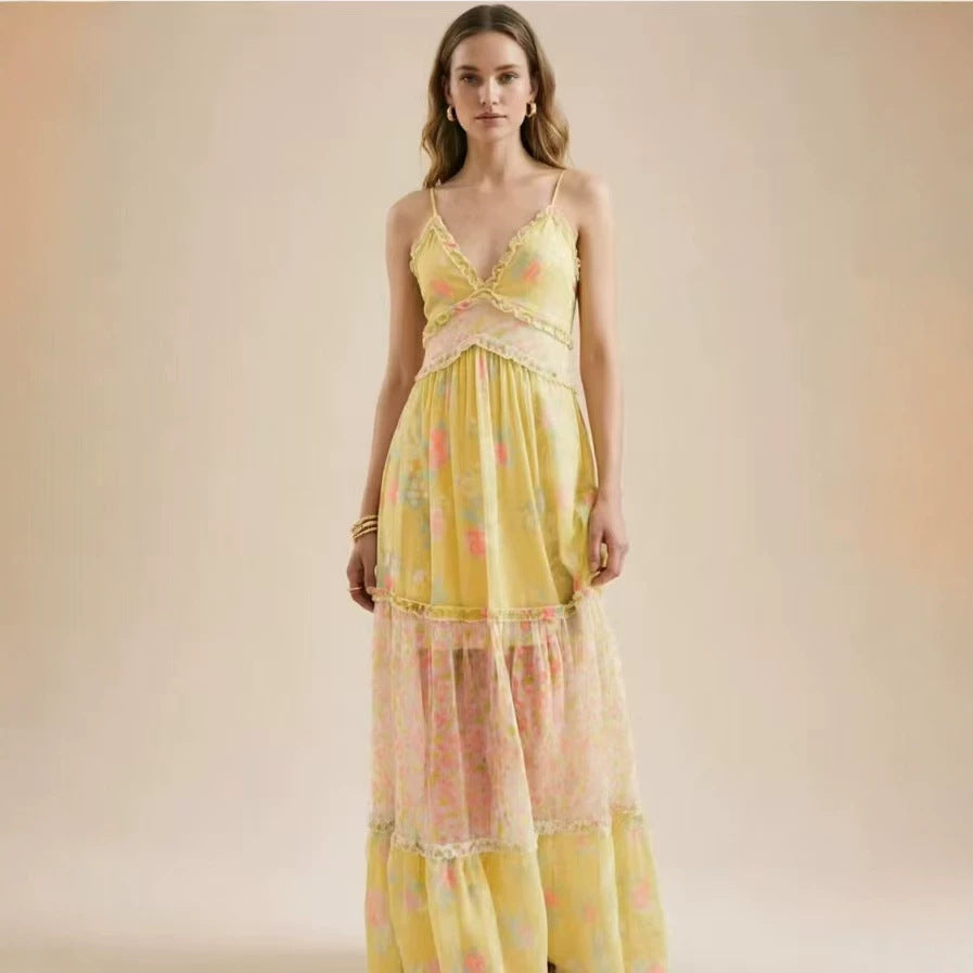 Geblümtes Chiffonkleid mit V-Ausschnitt