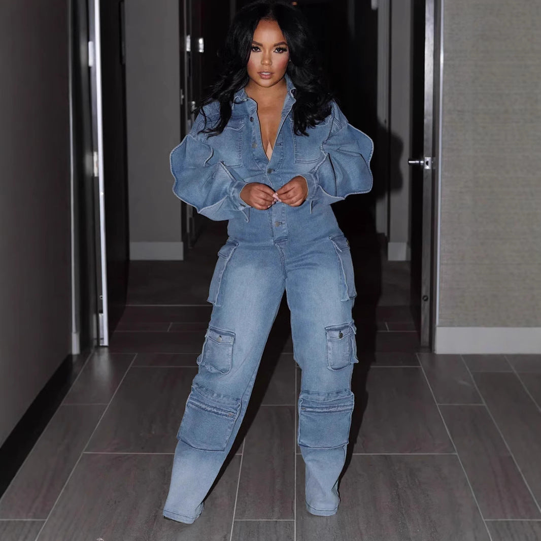 Blauer Jumpsuit mit Straight-Leg-Hose