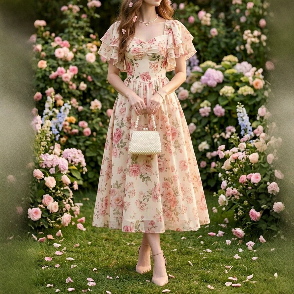 Blumenprint-Midi mit Volantsärmeln und A-Silhouette – Bild 3 | LuxeStyle