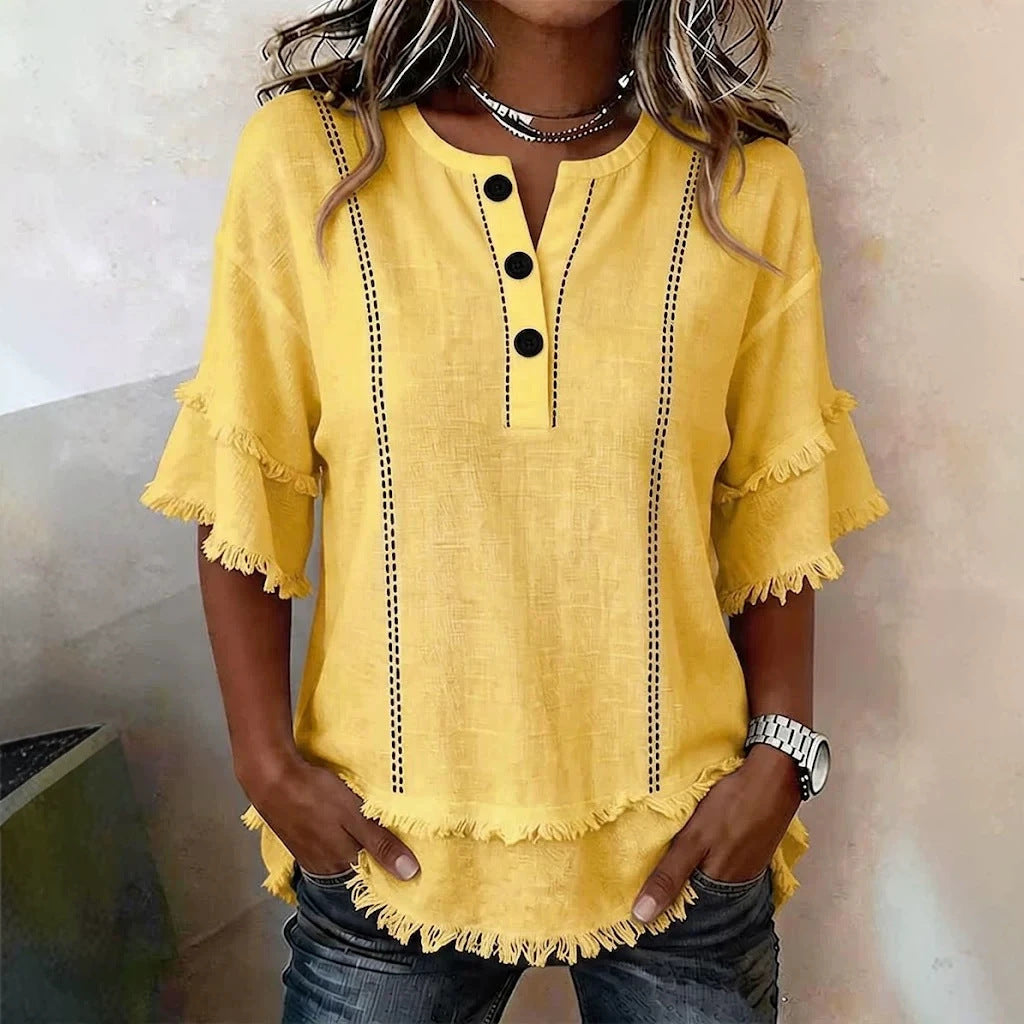 Bedrucktes Henley-Shirt mit Knopfleiste & Raw-Hem