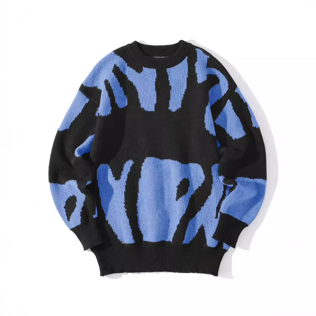 Blauer Pullover mit Wellenmuster