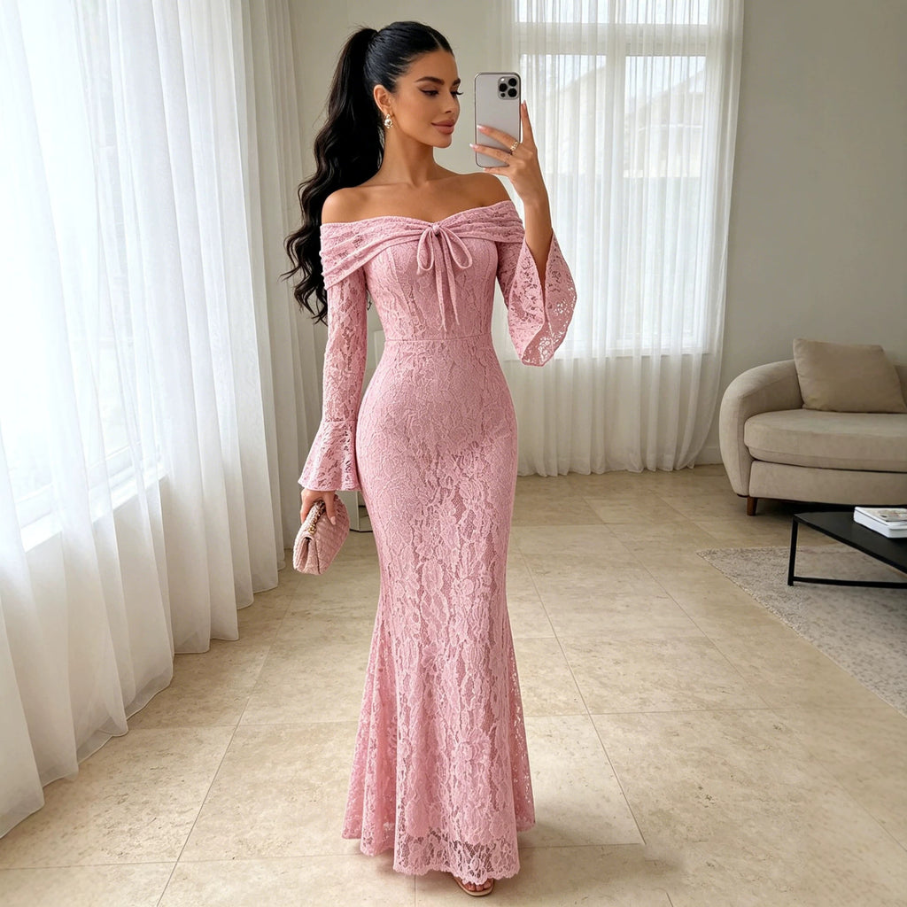 Damen Spitzenkleid Langarm Off-Shoulder