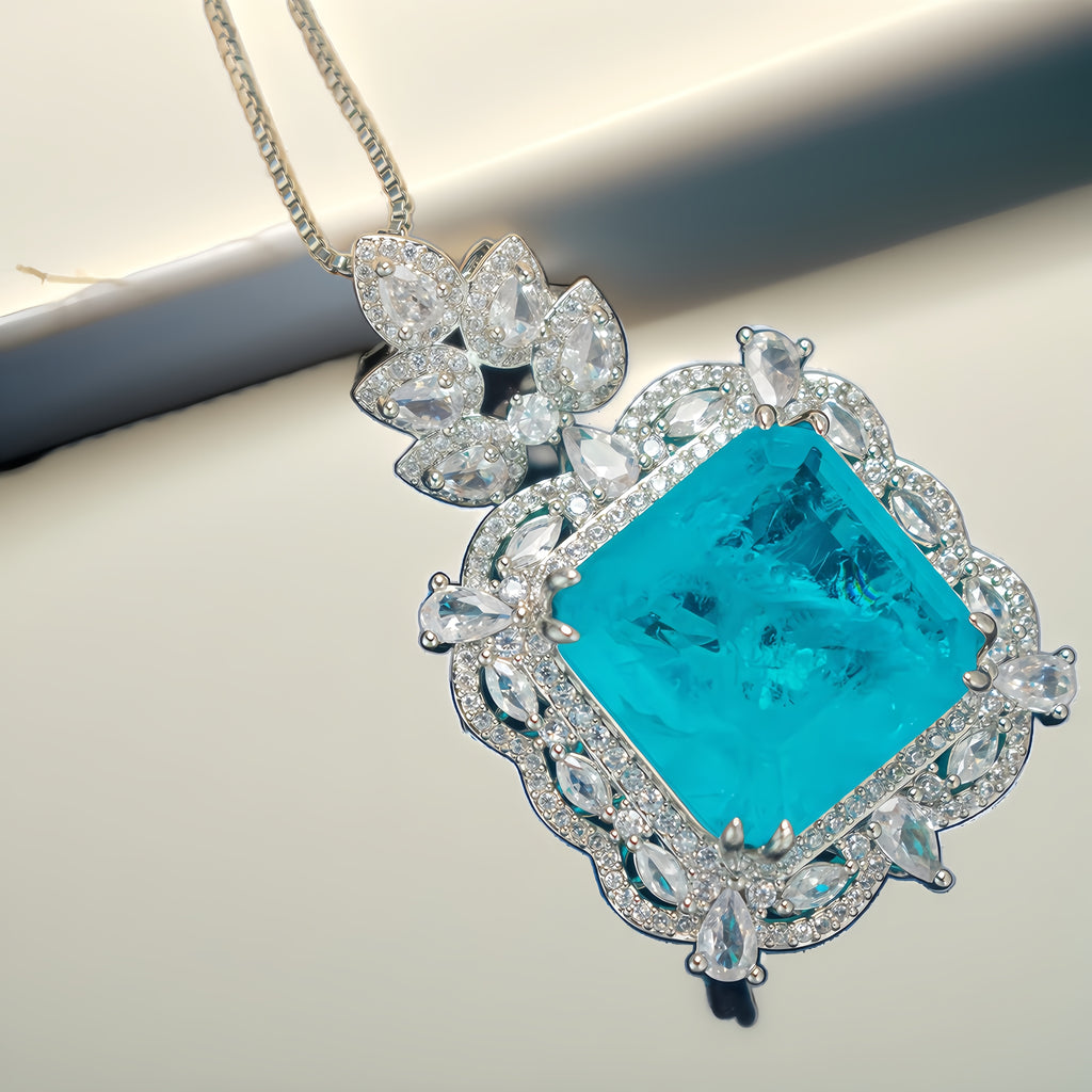 Paraiba Blau CZ Halo Anhänger Halskette
