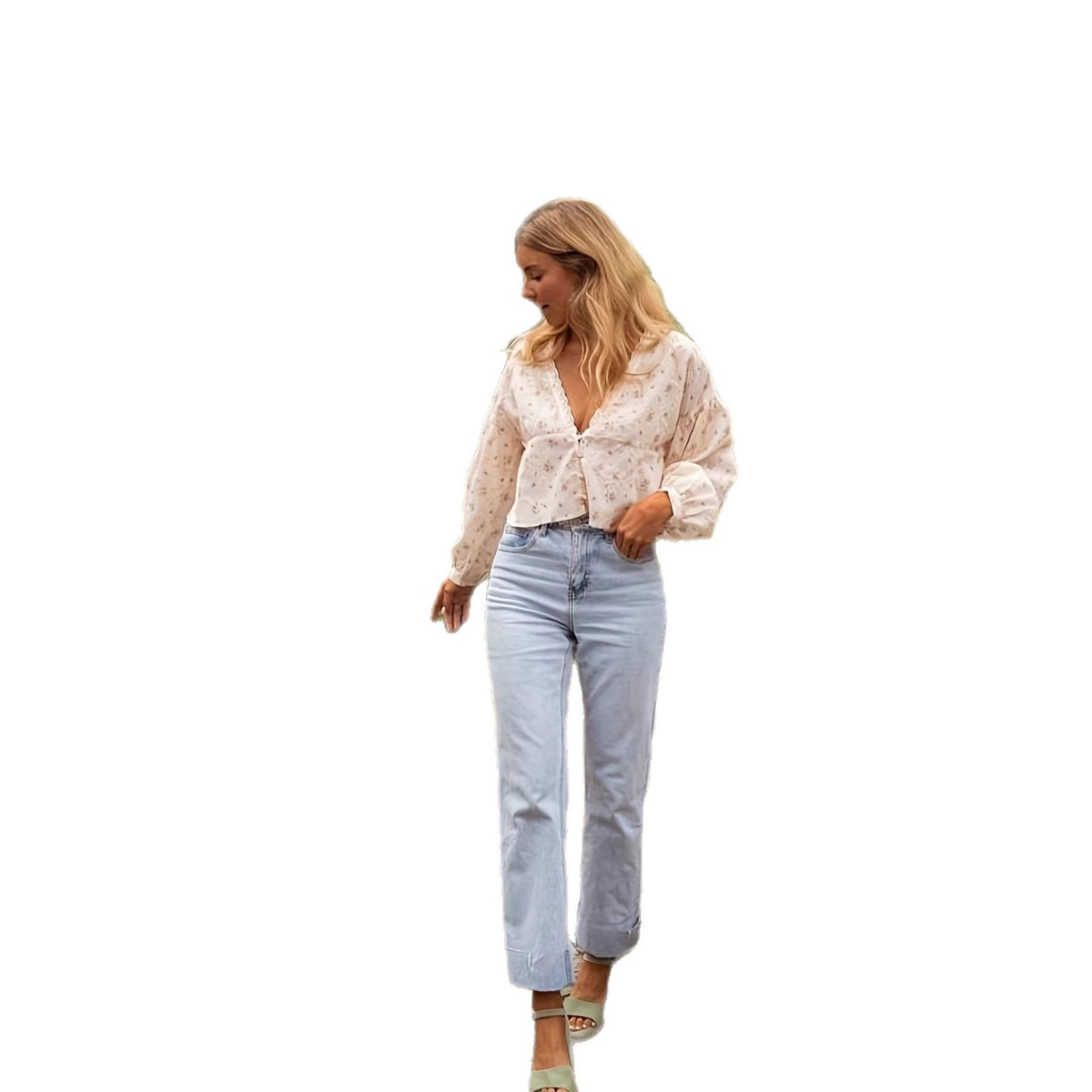Bestickte Bluse mit Laternenärmeln und V-Ausschnitt | LuxeStyle