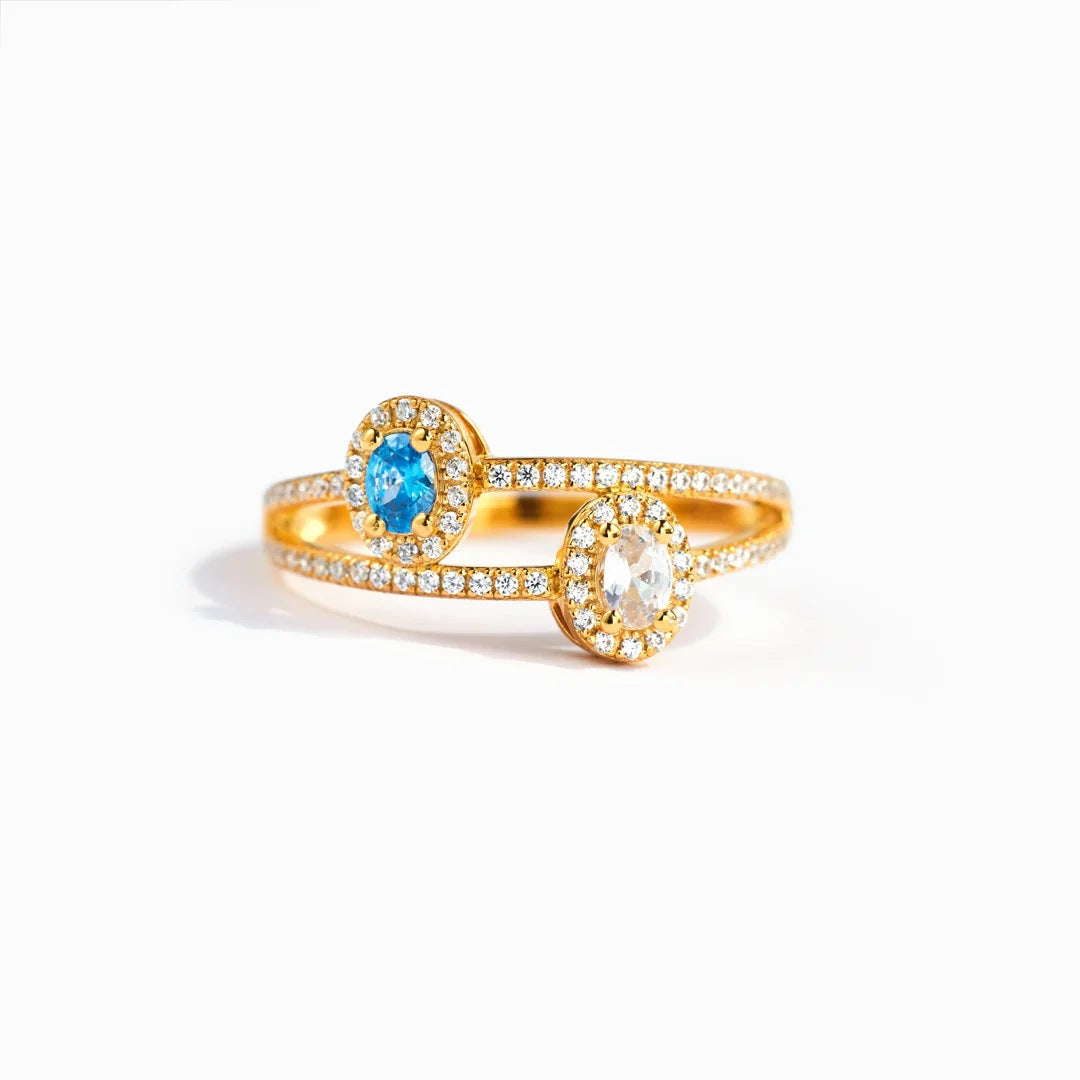 Doppel-Ring «Duo» · S925 Silber mit Zirkonia & Topas-Blau